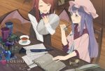  2girls :d bat_wings blue_eyes chair closed_eyes cup desk glasses glasses_removed hat haya_kewi holding koakuma long_hair mob_cap multiple_girls open_mouth patchouli_knowledge purple_hair redhead smile teacup touhou tray wings 
