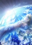  1girl aldnoah.zero amulet asseylum_vers_allusia blonde_hair blue_eyes clouds crop_top domik dress earth horizon jewelry light_rays light_smile long_hair looking_at_viewer lying midriff necklace ocean on_back pendant planet solo space sunbeam sunlight sunrise white_dress 