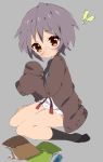  1girl black_legwear blush book bookmark bow brown_eyes cardigan chibi full_body glasses light_brown_eyes long_sleeves looking_at_viewer nagato_yuki no_pants no_shoes oversized_clothes purple_hair raised_eyebrows red_ribbon ribbon school_uniform serafuku short_hair simple_background sleeves_past_wrists socks solo surprised suzumiya_haruhi_no_yuuutsu yume_kichi 