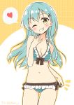  1girl alternate_costume aqua_hair bikini blush breasts cleavage cowboy_shot dated grin hair_ornament hairclip hand_to_own_mouth heart kantai_collection long_hair navel one_eye_closed shima_(shima_je) smile solo spoken_heart striped striped_bikini striped_swimsuit suzuya_(kantai_collection) swimsuit twitter_username yellow_eyes 