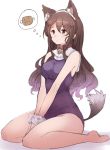  1girl adapted_costume animal_ears ashigara_(kantai_collection) bare_legs bell breasts brown_hair collar food fur hairband hungry jingle_bell kantai_collection kemonomimi_mode leotard long_hair meat sitting solo sumisu_(mondo) tail thought_bubble v_arms wariza white_background wolf_ears 