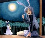  2girls animal_ears bamboo bamboo_forest black_hair bunny_tail dress forest full_moon inaba_tewi jacket long_hair long_sleeves looking_at_viewer marker_(medium) millipen_(medium) moon multiple_girls nature night night_sky open_mouth pleated_skirt puffy_short_sleeves puffy_sleeves rabbit_ears red_eyes reisen_udongein_inaba shiratama_(hockey) shirt short_sleeves silver_hair sitting skirt sky smile tail touhou traditional_media veranda very_long_hair white_dress 