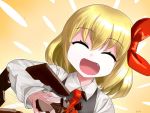 1girl :d ^_^ blonde_hair chocolate closed_eyes commentary_request fang hair_ribbon open_mouth qbthgry ribbon rumia shirt short_hair smile solo touhou vest 