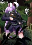  1girl adapted_costume airsoft animal_ears bag belt blurry bullpup commentary_request depth_of_field forest goggles grass grenade_launcher gun highres jacket kouno_ibuki long_hair long_sleeves nature p90 pleated_skirt purple_hair rabbit_ears red_eyes reisen_udongein_inaba rifle scope skirt solo submachine_gun suppressor touhou very_long_hair weapon 