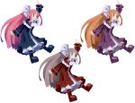  3girls :q alternate_color arm_up boots brown_eyes brown_hair character_sheet disgaea disgaea_d2 dress earrings grey_hair hair_ribbon hairband harada_takehito index_finger_raised jewelry long_hair mage_(disgaea) multiple_girls multiple_persona official_art pink_hair pointy_ears red_eyes ribbon shawl tongue tongue_out very_long_hair violet_eyes white_background 