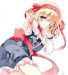  1girl alice_margatroid blonde_hair blue_dress blue_eyes bow capelet cierra_(ra-bit) dress frills hairband heart lolita_hairband long_sleeves looking_at_viewer lying on_side one_eye_closed outstretched_arm ribbon sash short_hair simple_background solo touhou white_background 