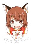  1girl akagashi_hagane animal_ears bow brown_eyes brown_hair bust cat_ears chen earrings fang jewelry leaning leaning_forward lowres open_mouth pixel_art short_hair simple_background single_earring solo touhou white_background white_bow 