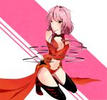  1girl bare_shoulders black_legwear blush breasts center_opening cleavage detached_sleeves elbow_gloves fingerless_gloves gloves guilty_crown hair_ornament highres long_hair looking_away navel pink_hair red_eyes solo thigh-highs twintails yuzuriha_inori 