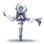  1girl :d armband atobesakunolove baton_(instrument) belt blue_eyes blue_hair cape gloves hair_ornament hairclip highres mahou_shoujo_madoka_magica mahou_shoujo_madoka_magica_movie miki_sayaka open_mouth short_hair simple_background smile solo thigh-highs white_background zettai_ryouiki 