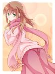  1girl brown_hair e20 green_eyes long_hair looking_back matsumi_yuu pink_skirt saki saki_achiga-hen scarf skirt solo sweater 