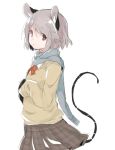  1girl akagashi_hagane alternate_costume animal_ears blue_scarf bow cardigan grey_hair long_sleeves looking_at_viewer mouse_ears mouse_tail nazrin plaid plaid_skirt red_bow red_eyes scarf short_hair simple_background skirt sleeves_past_wrists solo tail touhou white_background 