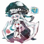  2girls ? anklet barefoot blue_eyes cape horns jewelry kai_ri kantai_collection monster multiple_girls northern_ocean_hime pale_skin red_eyes shinkaisei-kan sitting spoken_question_mark tentacles translated turret white_hair wo-class_aircraft_carrier 