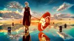  1girl asa_no_ha_(pattern) blonde_hair clouds cloudy_sky floral_print hair_ornament highres horizon japanese_clothes kagamine_rin nine_(plantroom9) one_eye_closed oriental_umbrella quareallel_(vocaloid) reflection short_hair sky solo umbrella vocaloid walking_on_water water 