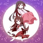  2girls :3 animal_ears black_hair brooch brown_eyes brown_hair chibi dashimaki dress finger_to_chin full_body full_moon gradient gradient_background hand_on_own_chin houraisan_kaguya imaizumi_kagerou japanese_clothes jewelry layered_dress long_hair long_sleeves looking_at_viewer moon multiple_girls red_eyes skirt skirt_set smile sparkle sparks tail touhou very_long_hair wide_sleeves wolf_ears wolf_tail 