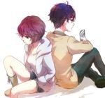  1boy 1girl ahoge aldnoah.zero back-to-back blazer blue_pants boots brown_hair cellphone cross-laced_footwear grey_eyes hands_in_pockets hooded_jacket kaizuka_inaho lace-up_boots looking_down phone rayet_areash redhead school_uniform shadow short_hair shorts sitting smartphone t0day8 white_jacket 