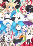  1girl :d alice_(wonderland) blonde_hair blue_eyes card dice hairband hat holding lolita_hairband long_hair open_mouth original outstretched_arms playing_card pocket_watch rabbit sasahara_wakaba smile solo_focus spread_arms standing_on_one_leg striped striped_legwear watch 
