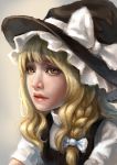  1girl blonde_hair bow braid eyelashes facing_viewer hair_ribbon hat hat_bow highres kirisame_marisa lips nose pandawei parted_lips portrait realistic ribbon short_sleeves single_braid solo touhou witch_hat yellow_eyes 