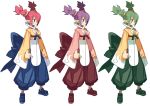  3girls alternate_color bow breasts character_sheet chinese_clothes cleavage clenched_hand disgaea disgaea_d2 female_brawler_(disgaea) green_hair harada_takehito multiple_girls official_art pants purple_hair redhead shoes short_hair short_twintails standing twintails 