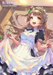  1girl :d apron apron_lift bow brown_hair gou_(ga673899) hair_bow hair_ribbon happy_birthday long_hair love_live!_school_idol_project maid maid_headdress minami_kotori open_mouth ribbon smile solo sparkle translation_request wonder_zone yellow_eyes 