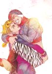  2boys blonde_hair boots eichi1103 giorno_giovanna guido_mista hat hug jojo_no_kimyou_na_bouken multiple_boys tiger_stripes 