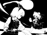  2girls bandages bun_cover chain chinese_clothes cuffs double_bun fighting_stance hair_ribbon hairband hitodama ibaraki_kasen katana kongari_(kngr) konpaku_youmu konpaku_youmu_(ghost) monochrome multiple_girls ribbon short_hair skirt sword tabard touhou weapon 