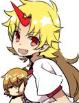  2girls blonde_hair breast_smother breasts cheek_press fang horn hoshiguma_yuugi large_breasts long_hair mizuhashi_parsee multiple_girls open_mouth puffy_short_sleeves puffy_sleeves red_eyes short_sleeves six_(fnrptal1010) smile touhou 