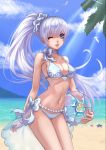  ;) ball beach beachball bikini bird blue_eyes bojue_yu_yaojing_695657 bow breasts choker cleavage clouds light_rays long_hair navel one_eye_closed palm_tree parted_lips ponytail rwby scrunchie seagull shiny shiny_skin side_ponytail sky smile snowflake_print starfish sunbeam sunlight swimsuit symbol tree very_long_hair waist_chain weiss_schnee white_hair 