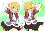  2girls arm_up arm_warmers ascot blonde_hair blush dual_persona green_eyes holding_hands looking_at_viewer mizuhashi_parsee multiple_girls one_eye_closed open_mouth pointy_ears pose sash shirt short_sleeves six_(fnrptal1010) skirt smile touhou 