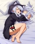  1girl animal_ears animal_hood barefoot cat_ears cat_hood closed_eyes ebs eyepatch hood infinite_stratos laura_bodewig long_hair lying on_bed on_side open_mouth pillow silver_hair sleeping solo thigh_strap 