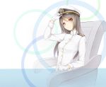  1girl brown_hair female_admiral_(kantai_collection) gloves hat highres kantai_collection long_hair military military_uniform red_eyes sitting smile solo uniform yue_chi 