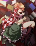  1girl :o absurdres apron bell blonde_hair book boots brown_eyes checkered cross-laced_footwear fetal_position frilled_skirt frills hair_bell hair_ornament highres knee_boots lying motoori_kosuzu on_side red_eyes s-syogo shirt short_hair skirt solo touhou waist_apron 