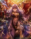  1girl absurdres breasts circlet cleavage clouds cowboy_shot detached_sleeves highres horns large_breasts lee_hyeseung lightning long_hair looking_at_viewer official_art polearm purple_hair red_eyes seikon_no_arcana solo spear weapon wings 