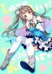  1girl bare_shoulders blush breasts brown_hair character_name copyright_name detached_sleeves hands_on_own_face happy_birthday head_tilt long_hair looking_at_viewer love_live!_school_idol_project minami_kotori riichu sitting skirt solo thigh-highs white_legwear yellow_eyes 