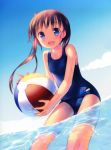 1girl :d absurdres ball beachball blue_eyes blue_sky brown_hair clouds highres in_water one-piece_swimsuit open_mouth school_swimsuit sky smile swimsuit tagme takoyaki_(roast) twintails 
