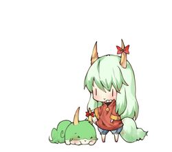  &gt;_&lt; 1girl =&gt; alternate_costume blush chibi closed_eyes ex-keine green_hair horn_ribbon horns jacket kamishirasawa_keine long_hair ribbon shino_tanuki smile sukusuku_hakutaku tail touhou |_| 