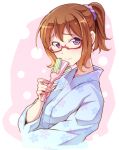  1girl blush brown_hair e20 glasses hair_ornament hanayamata japanese_clothes looking_at_viewer naruko_(instrument) ponytail red-framed_glasses scrunchie semi-rimless_glasses solo tokiwa_machi under-rim_glasses violet_eyes 