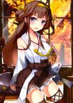  1girl ahoge bare_shoulders brown_hair detached_sleeves frilled_skirt frills hairband headgear henet_hene kantai_collection kongou_(kantai_collection) long_hair looking_at_viewer nontraditional_miko ribbon-trimmed_sleeves ribbon_trim skirt solo violet_eyes 
