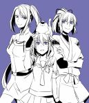  3girls admiral_(kantai_collection) braid cat comic hair_ornament hat hyuga_zen ise_(kantai_collection) japanese_clothes kantai_collection long_hair monochrome multiple_girls nachi_(kantai_collection) peaked_cap pleated_skirt ponytail school_uniform serafuku shigure_(kantai_collection) short_hair side_ponytail single_braid skirt spot_color 