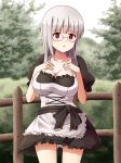  1girl alternate_costume breasts cleavage dirndl german_clothes glasses hands_on_own_chest heidimarie_w_schnaufer hide_0 large_breasts long_hair looking_at_viewer open_mouth panties pantyshot red_eyes silver_hair solo strike_witches underwear white_panties 