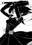  1girl ammunition arms_up belt cape corset dress holding holding_weapon lineart long_sleeves monochrome petticoat puffy_long_sleeves puffy_sleeves ruby_rose rwby scythe short_hair simple_background solo stormcow weapon white_background 