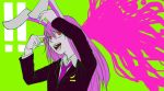  !! 1girl animal_ears arms_up black_legwear blazer bust crescent crescent_moon dress_shirt finger_gun green_background hands_up jacket kangae-chuu long_hair long_sleeves moon necktie open_mouth pointing pointing_at_self purple_hair rabbit_ears red_eyes red_necktie reisen_udongein_inaba shirt simple_background skirt smile solo teeth touhou very_long_hair white_shirt 