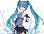  1girl :d aqua_hair blue_eyes detached_sleeves hair_ornament hatsune_miku leaning_back long_hair looking_at_viewer necktie open_mouth patisurotto pleated_skirt skirt smile solo twintails vocaloid wind 