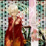  1girl asa_no_ha_(pattern) blonde_hair blue_eyes branch finger_to_mouth floral_print highres japanese_clothes kagamine_rin kimono looking_at_viewer nine_(plantroom9) one_eye_closed quareallel_(vocaloid) short_hair solo vocaloid wheel 