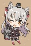  1girl ;d amatsukaze_(kantai_collection) blush_stickers chibi garter_straps kantai_collection lifebuoy looking_at_viewer mitsuji245 one_eye_closed open_mouth rensouhou-kun silver_hair simple_background smile solo thigh-highs two_side_up 