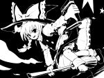  1girl book bow braid broom grimoire hair_bow hat kirisame_marisa kongari_(kngr) long_hair mary_janes monochrome ribbon shoes solo star touhou witch_hat 