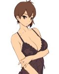  1girl bare_shoulders breast_hold breasts brown_eyes brown_hair bust cleavage cozy kaga_(kantai_collection) kantai_collection lingerie negligee side_ponytail simple_background solo underwear white_background 
