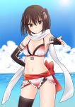  1girl adapted_costume armpits bikini bikini_skirt breasts brown_eyes brown_hair clouds cowboy_shot elbow_gloves fingerless_gloves gloves horizon ica kantai_collection light_smile navel ocean scarf sendai_(kantai_collection) single_thighhigh swimsuit thigh-highs two_side_up 