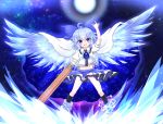  1girl :d \m/ adapted_costume ahoge arm_cannon blue_eyes blue_hair bow cape cirno fang hair_bow highres ice ice_wings mismatched_footwear mofu_mofu open_mouth parody pose reiuji_utsuho reiuji_utsuho_(cosplay) short_hair skirt smile third_eye touhou weapon wings 