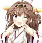  1girl :d ;d ahoge aikawa_ryou bare_shoulders black_eyes blush brown_hair bust detached_sleeves double_bun fingers_to_cheeks hairband headgear highres japanese_clothes kantai_collection kongou_(kantai_collection) long_hair looking_at_viewer nontraditional_miko one_eye_closed open_mouth simple_background smile solo white_background 