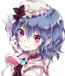  1girl alcohol ascot blue_hair choker cup earrings fang ginzuki_ringo hat hat_ribbon jewelry mob_cap open_mouth pointy_ears portrait red_eyes remilia_scarlet ribbon simple_background smile solo touhou white_background wine 